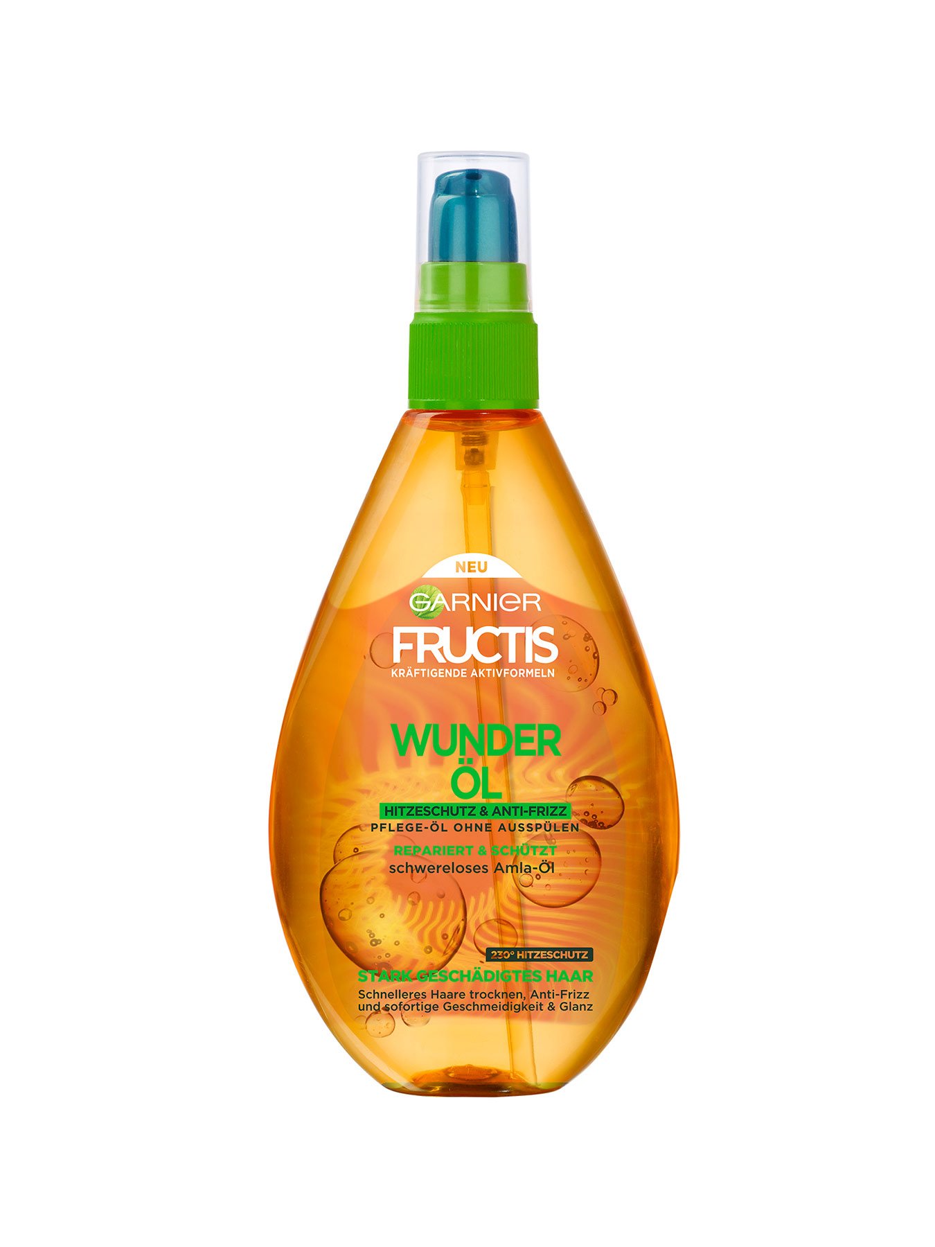 Wunder-Oel-Hitzeschutz-Anti-Frizz-Fructis-Schaden-Loescher-150ml-Vorderseite-Garnier-Deutschland-gr