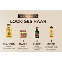 Frau im Profil neben mehreren Haarpflegeprodukten der Garnier Wahre Schätze Reihe vor hellem beigem Hintergrund