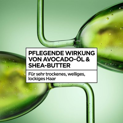 Grafische Darstellung derInhaltsstoffeAvocado Ölund Shea-butter in Form einer grünen Struktur, vor einem hellen grünen Hintergrund