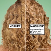Vorher-Nachher Darstellungvon lockigem Haarnach Nutzung der Garnier WahreSchätze Leave In Creme mit Avocado Öl; links trocken und ungeordnet, rechts definiert und glänzend