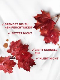 Ahornblätter aus weißem Grund & Produktvorteile als Text - fettet nicht, zieht schnell ein, klebt nicht, spendet bis zu 48h Feuchtigkeit