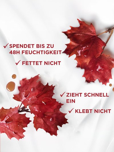 Ahornblätter aus weißem Grund & Produktvorteile als Text - fettet nicht, zieht schnell ein, klebt nicht, spendet bis zu 48h Feuchtigkeit