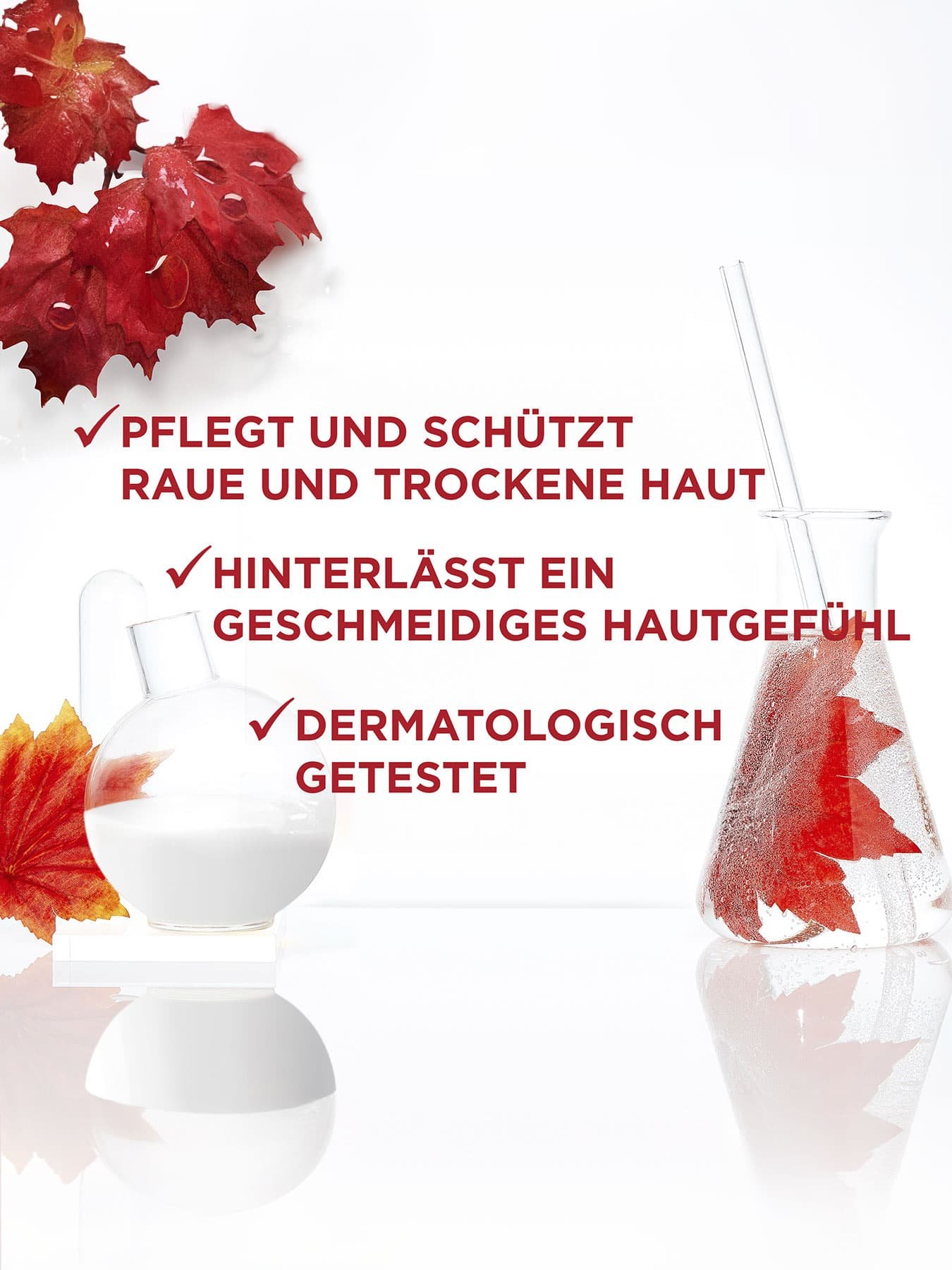 Ahornblätter aus weißem Grund & Produktvorteile als Text - u.a. dermatologisch getestet