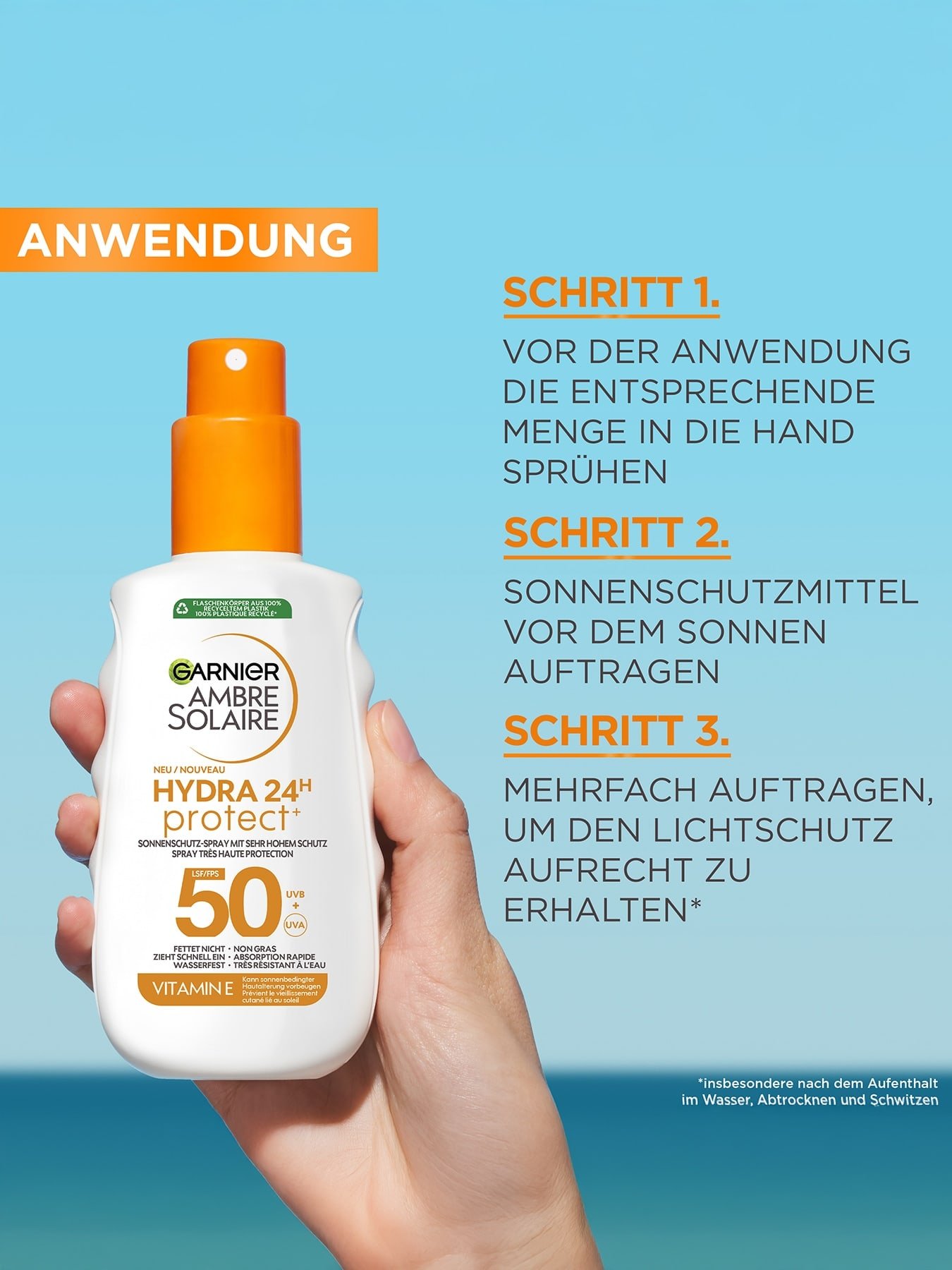 Produktabbildung Garnier Ambre Solaire Hydra 24H protect mit Schritt-für-Schritt-Anwendungs-Anleitung