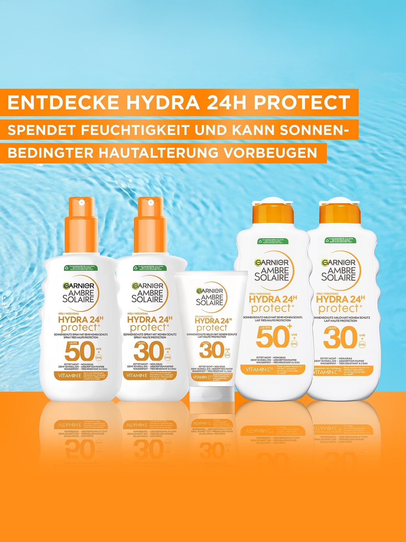 Produktpalette der Garnier Ambre Solaire Hydra 24H-Reihe