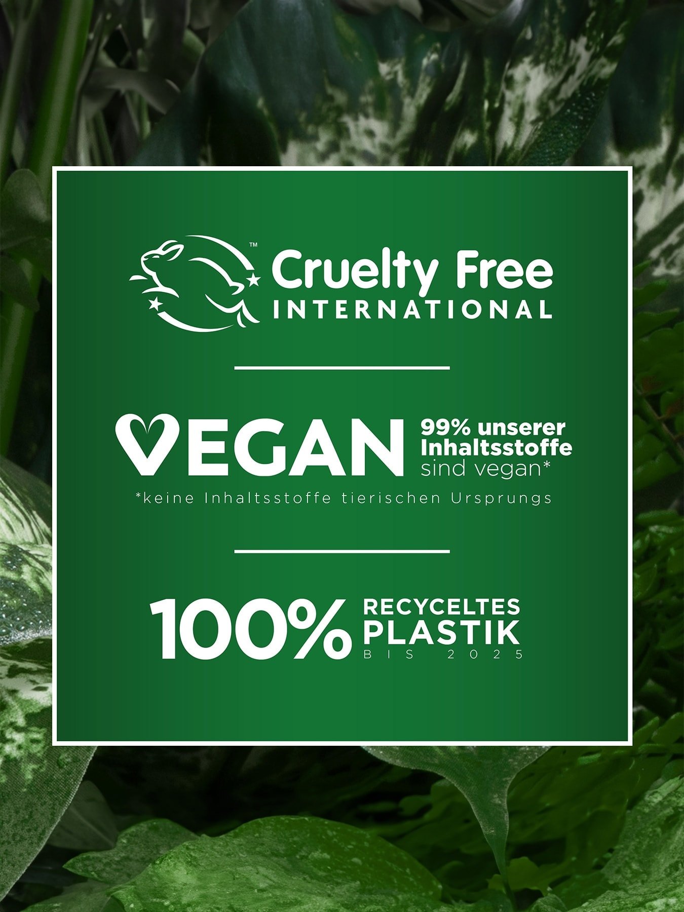Logo von Cruelty Free International, 99% vegane Inhaltsstoffe & 100% recyceltes Plastik bis 2025