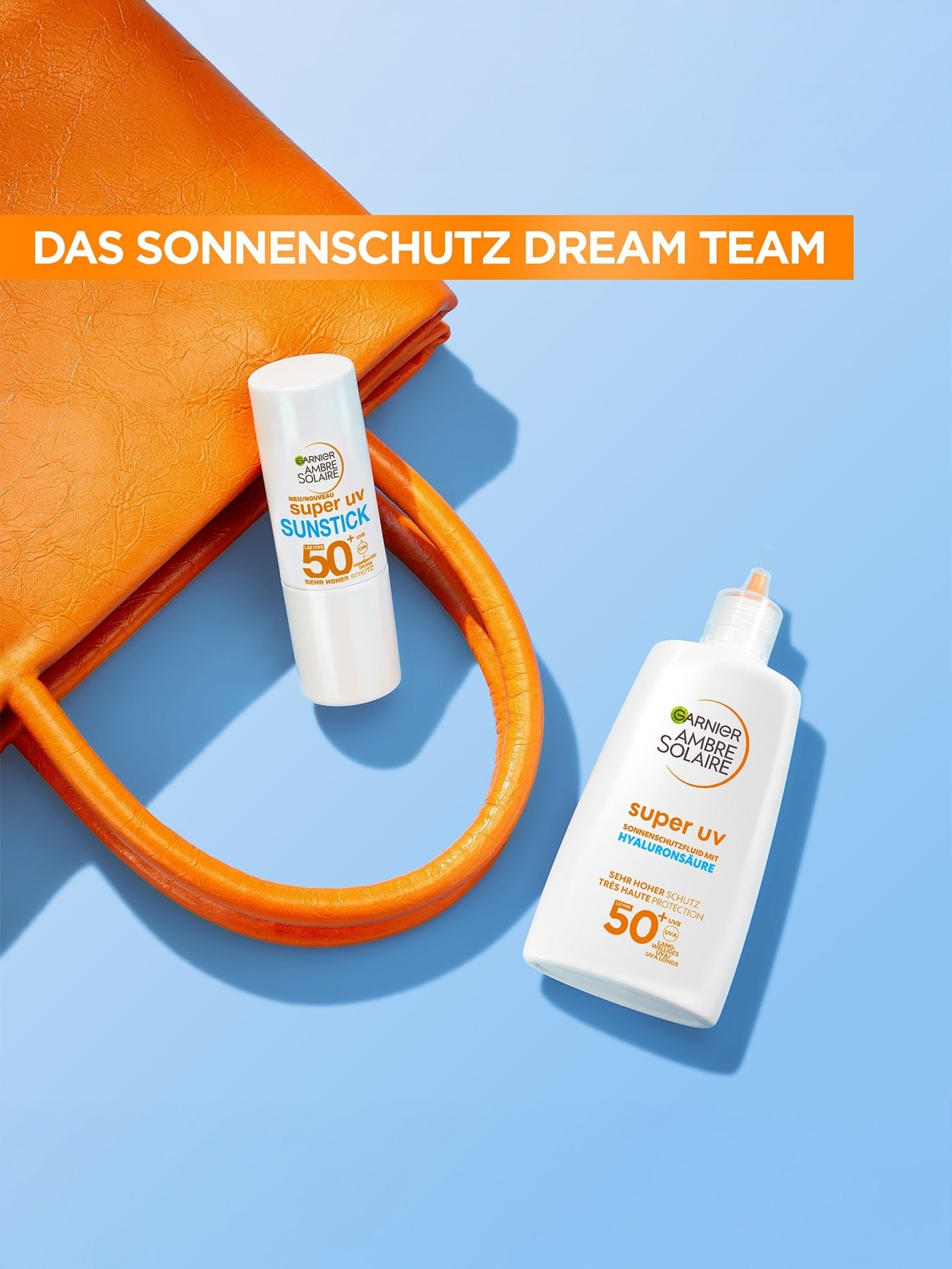 Ambre Solaire Super UV Sunstick LSF 50+ und Super UV Sonnenschutzfluid mit Hyaloronsäure Produktabbildung