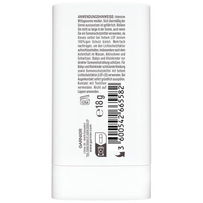 Rückseite der Verpackung des Garnier super uv sunstick LSF 50+.