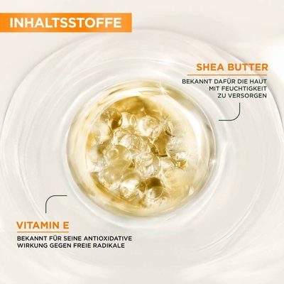Ein Molekül-komplex bestehend aus Shea Butter und Vitamin E vor einem creme-weißen Hintergrund.