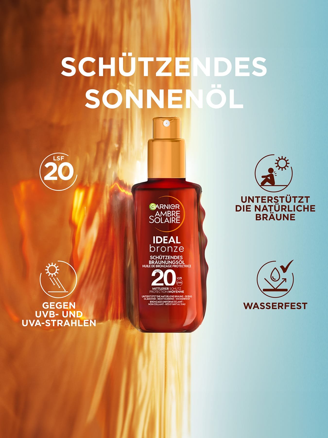 Ideal Bronze Schützendes Sonnenöl LSF20 - Produktabbildung mit zwei Produktvorteilen