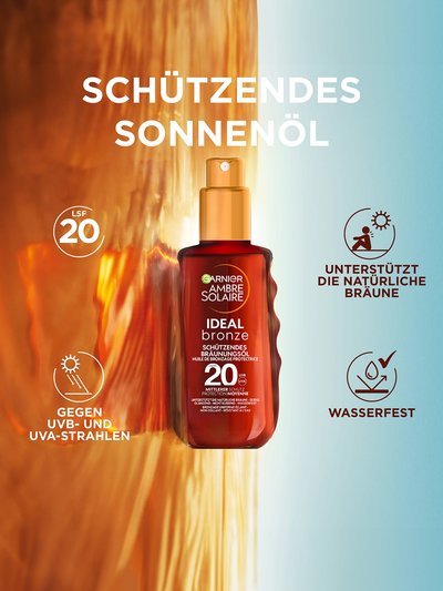 Ideal Bronze Schützendes Sonnenöl LSF20 - Produktabbildung mit zwei Produktvorteilen