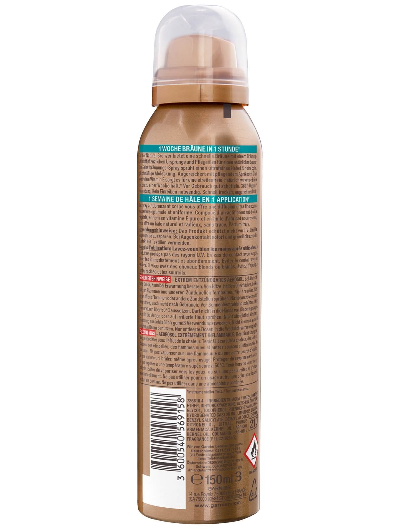 Garnier Natural Bronzer Selbstbräunungs-Spray Produktabbildung Rückansicht