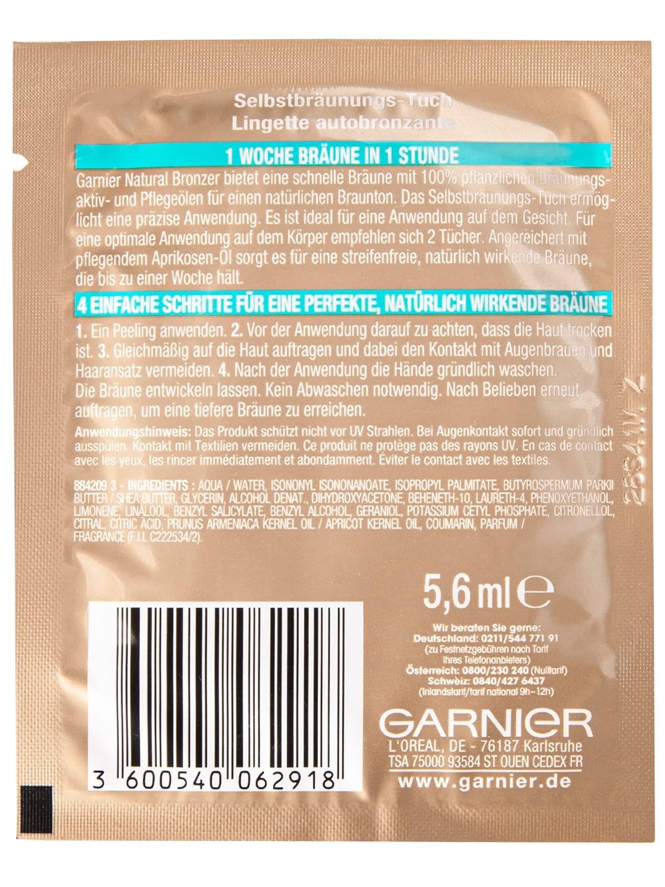Garnier Natural Bronzer Selbstbräunungs -Tuch Produktabbildung Rückansicht