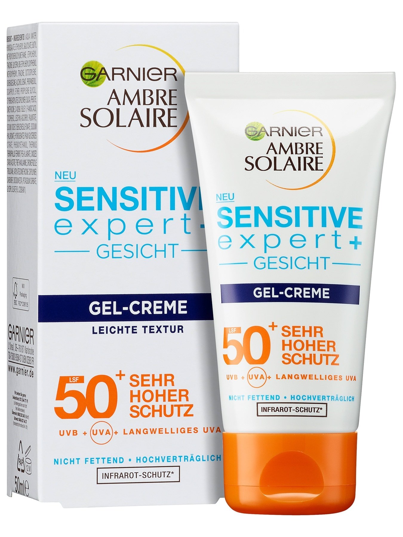 Ambre Solaire Sensitive expert+ Gesicht Gel-Creme LSF 50+ - Produkt & Verpackung