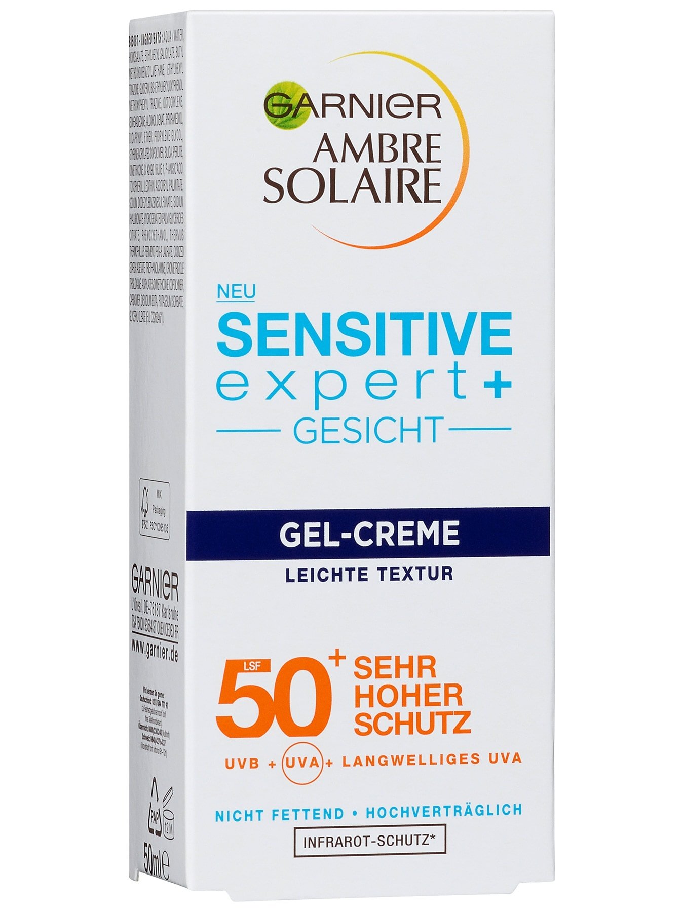 Ambre Solaire Sensitive expert+ Gesicht Gel-Creme LSF 50+ -  Verpackung Vorderseite