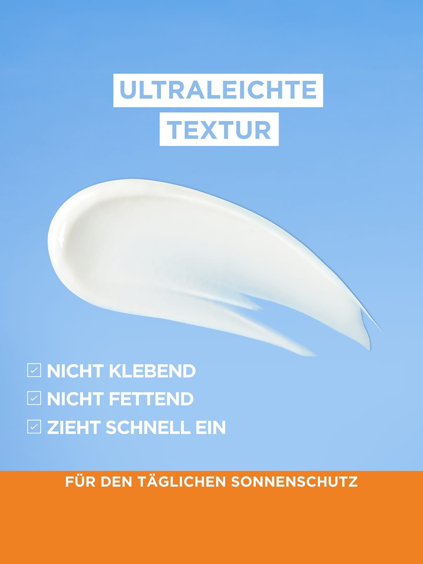 Textur des Produktes auf himmelblauem Hintergrund mit zwei Produktvorteilen daneben