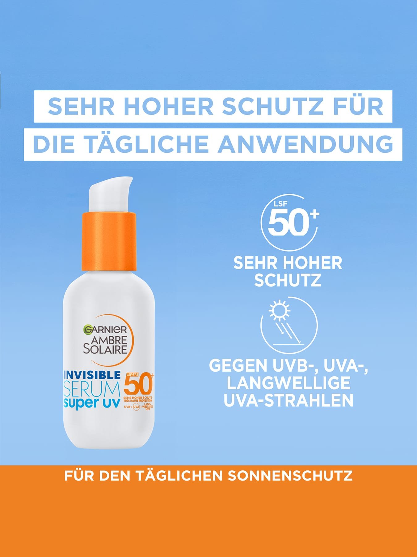 Produktabbildung vor himmelblauem Hintergrund mit zwei Produktvorteilen