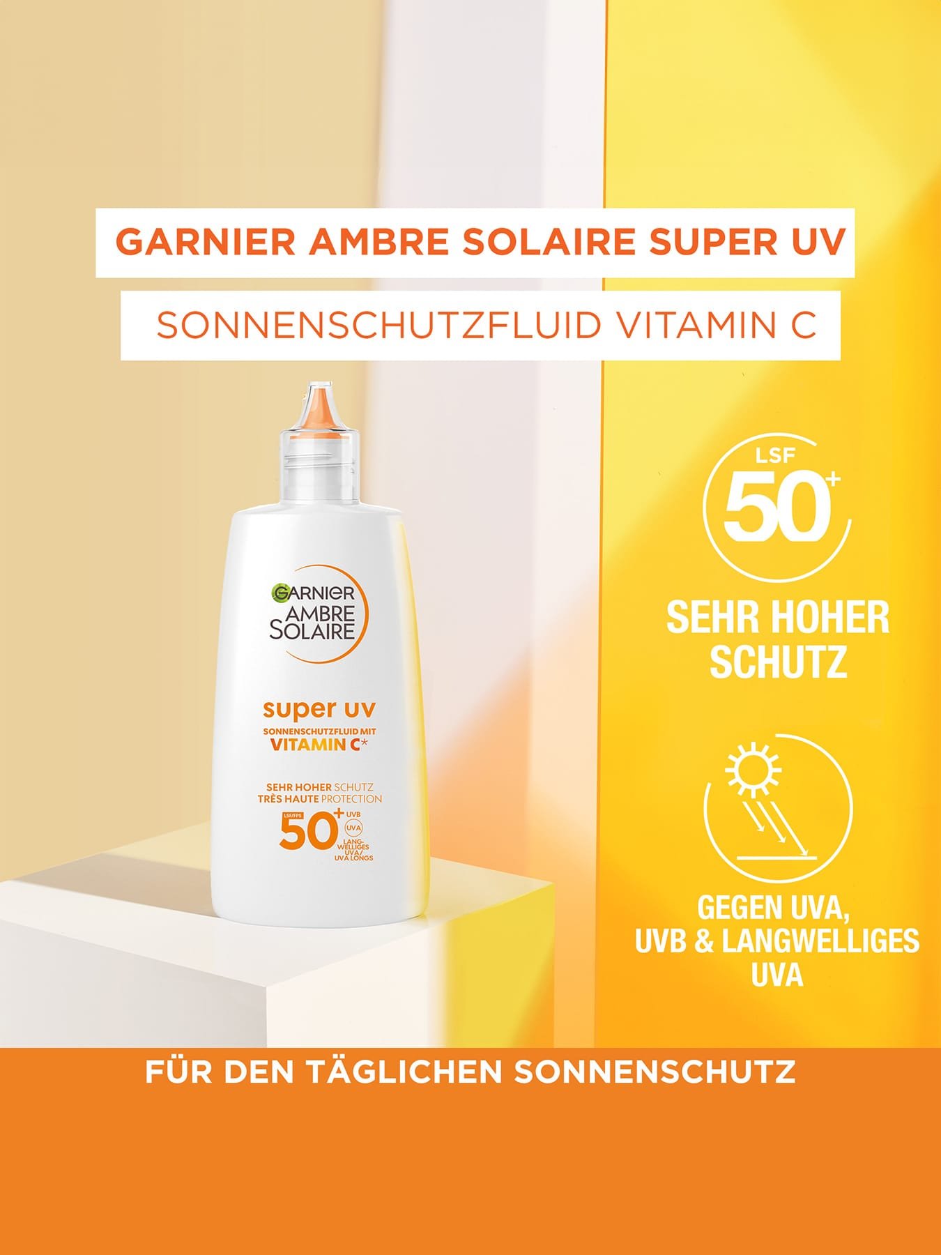 Super UV Sonnenschutzfluid mit Vitamin C LSF 50+ - Produktabbildung mit zwei Produktvorteilen daneben gelistet