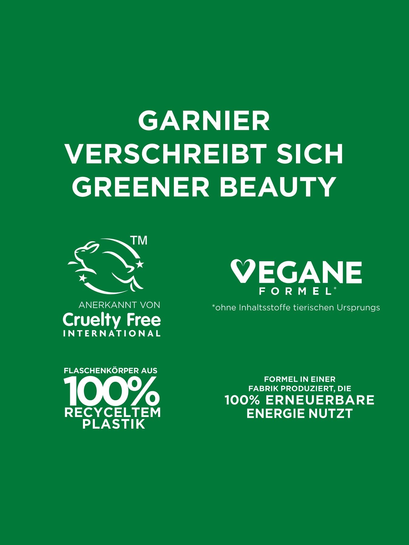 Garnier verschreibt sich Green Beauty, Cruelty Free International / VEGANE Formeln Logos - auf grünem Hintergrund