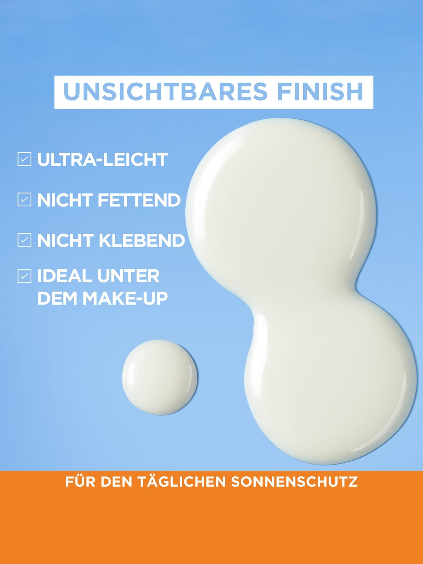 Etwas Sonnenschutz Fluid auf blauem / orangenem Hintergrund sowie Liste mit Produktvorteilen 