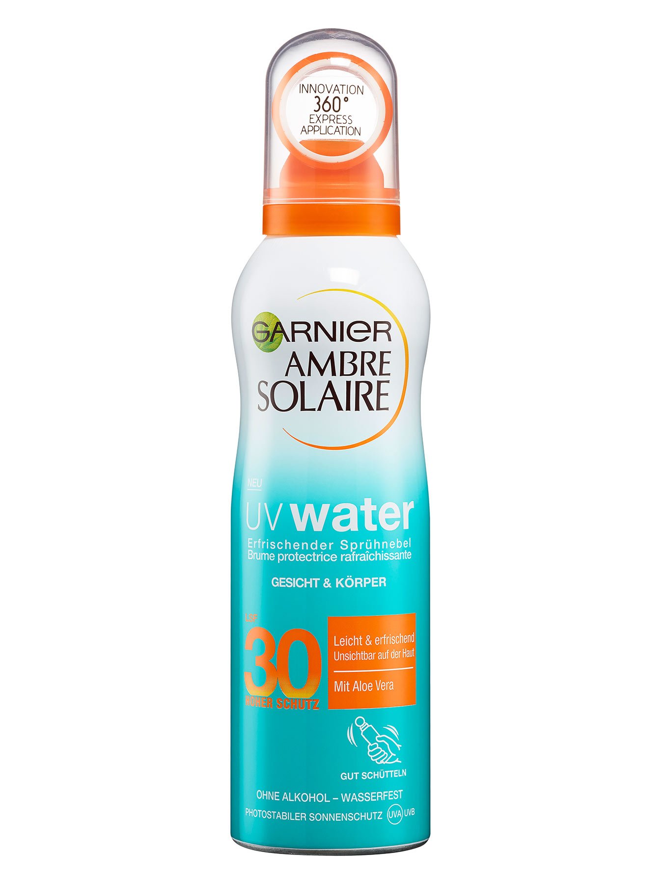Erfrischender-Spruehnebel-LSF-30-Ambre-Solaire-UV-Water-200ml-Vorderseite-Garnier-Deutschland-gr