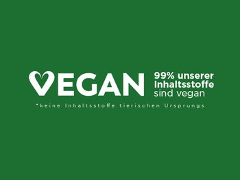 Grüne Fläche mit weißer Schrift - Vegan 99% unserer Inhaltsstoffe