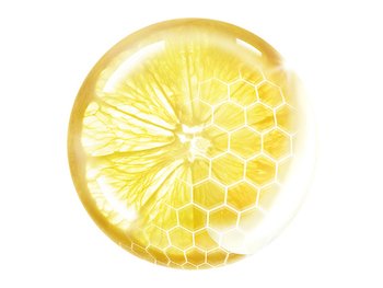 Abstrakte Darstellung einer Zitronenscheibe: Eine Hälfte zeigt die Zitrone mit Fruchtfleisch, die andere Hälfte stellt abstrakt ihre Inhaltsstoffe dar.