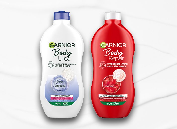 Produktabbildungen von Garnier Body Urea und Garnier Body Repair Körperpflege-Cremes.