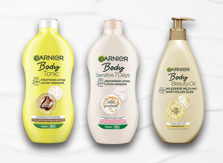 Produktabbildungen von Garnier Body Tonic, Body 7 Tage und Body Beauty Oil Körperpflege-Cremes.
