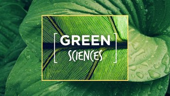 Green Sciences Logo mit tropischen Blättern im Hintergrund