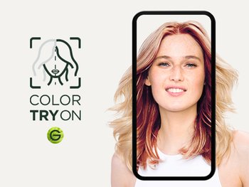 Color Virtual Try On Logo und Frau, die eine Haarfarbe virtuell ausprobiert