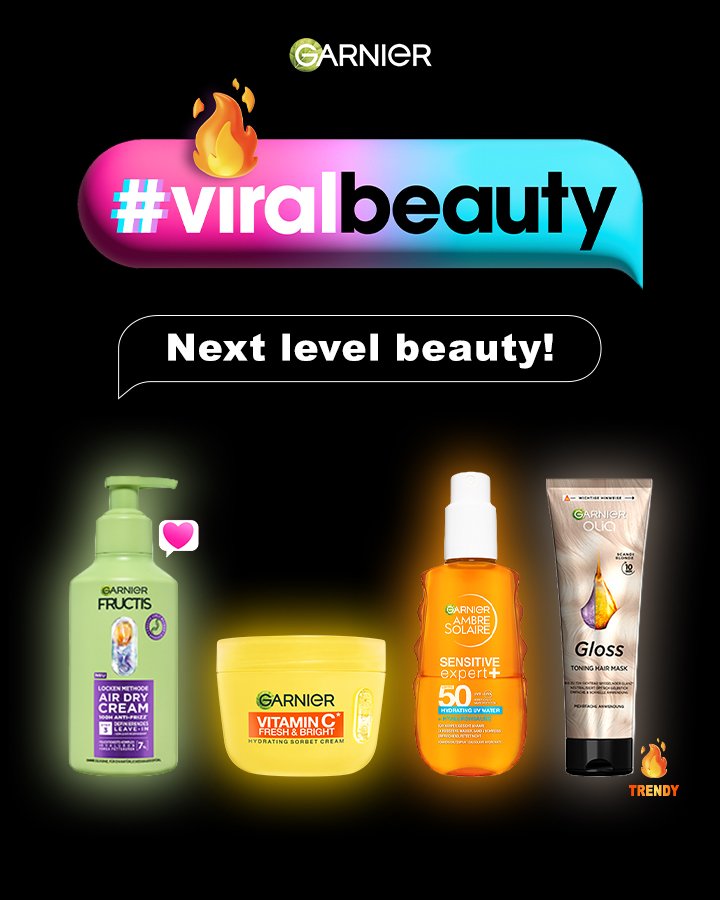 Viralbeauty steht mit trendigen Emojis auf einem schwarzen Hintergrund. Davor 4 Garnier Produkte, jeweils aus den Kategorien Sonnenpflege, Gesichtspflege, Haarpflege und Haarkoloration, die Teil des Amazon Events Viral Beauty sind.