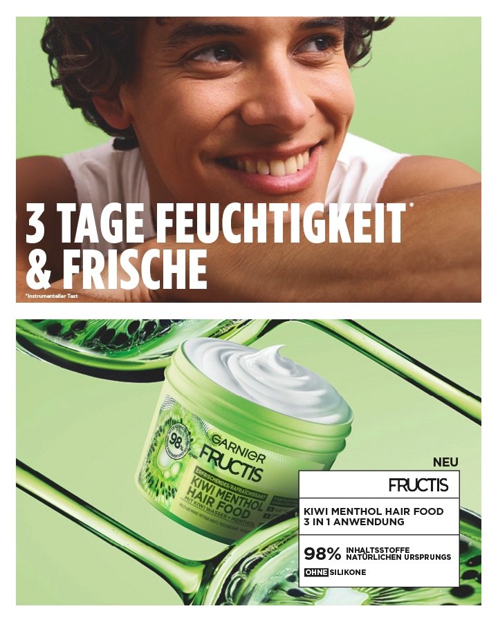 Mann auf der linken Seite lächelt in die Kamera und schaut dabei nach rechts. Auf der rechten Seite erkennt man die Garnier Fructis Kiwi Menthol Hair Food Maske und die Inhaltsstoffe sind graphisch im Hintergrund dargestellt