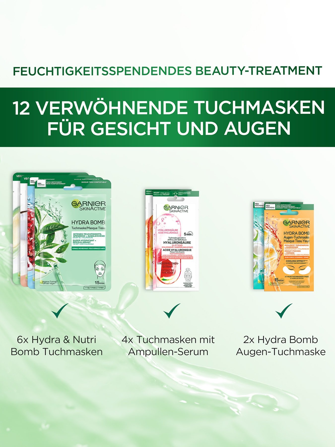 Garnier 12 Tuchmasken Produktabbildungen