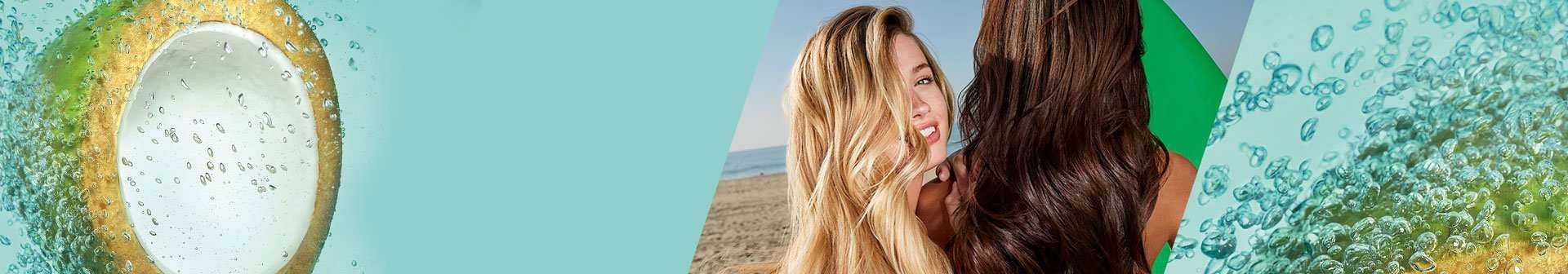 Stilisierte Kokosnuss und zwei Frauen am Strand