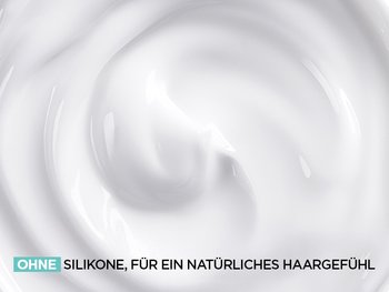 Cremetextur und der Schriftzug 'Ohne Silikone, für ein natürliches Hautgefühl'