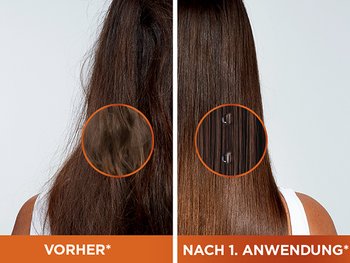 1. Anwendung des Serums mit vorher/nachher Vergleich am Beispiel einer jungen Frau mit langen braunen Haaren von hinten gesehen