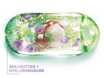 Darstellung der Inhaltsstoffe Hyaluronsäure und Sheabutter in einer Flüssigkeitsblase