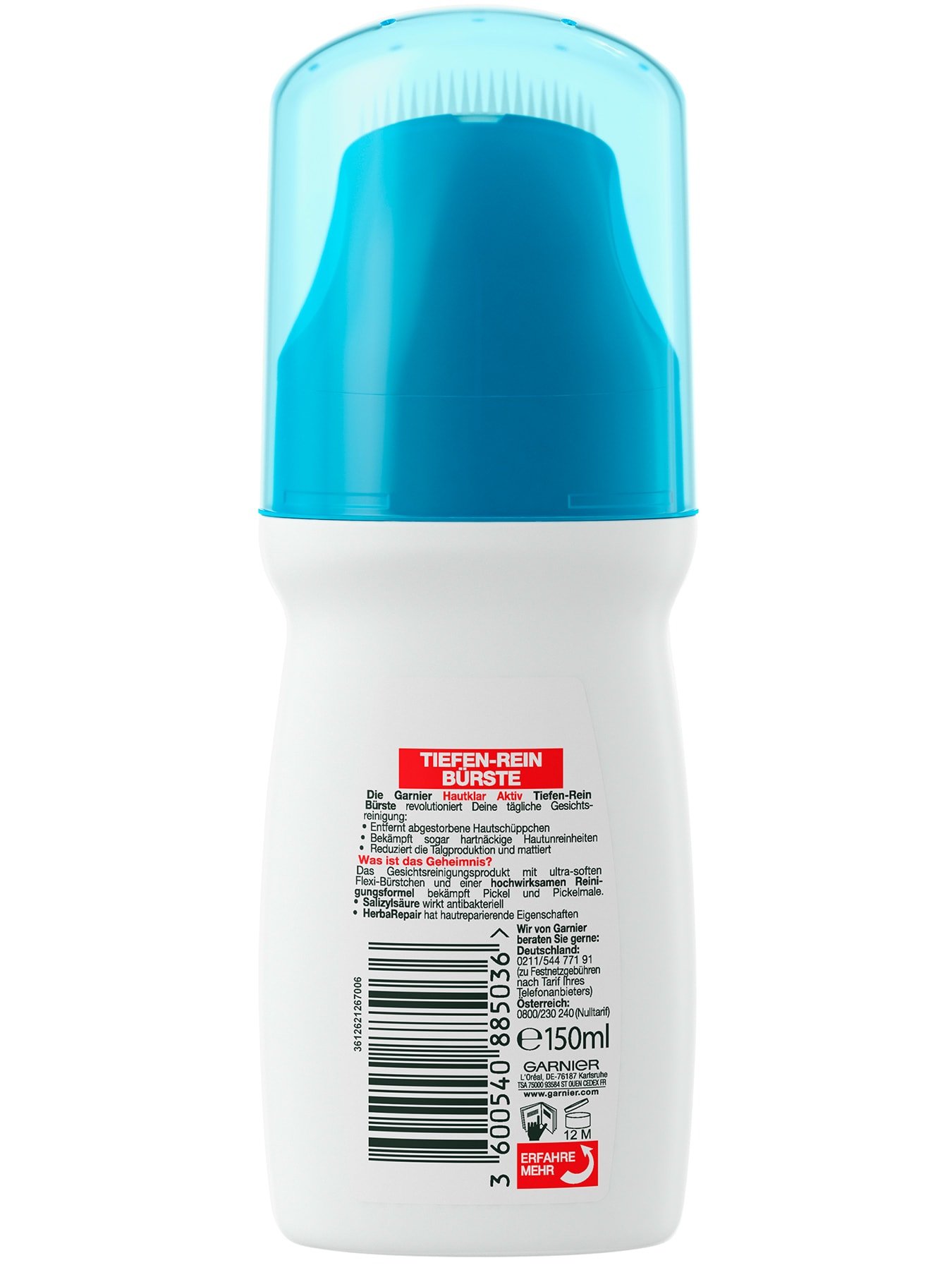 Garnier Hautklar Aktiv Tiefen-Rein Bürste Produktverpackung hinten mit Inhaltsstoffen