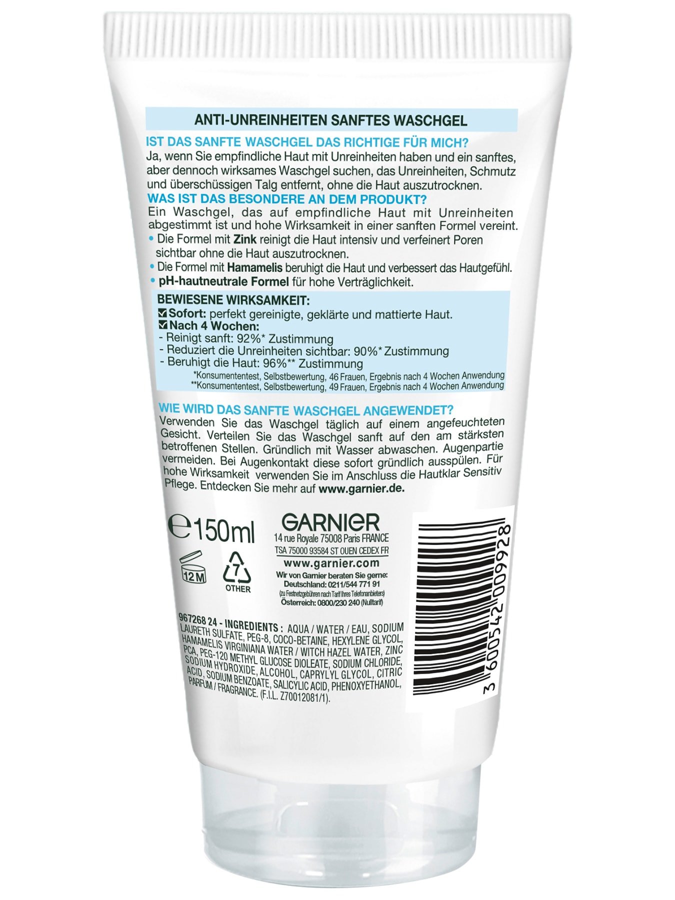 Garnier Hautklar Sensitiv Waschgel Produktverpackung hinten mit Inhaltsstoffen