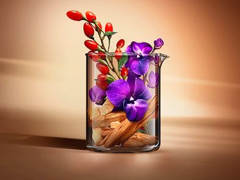 Laborglas mit Blüten darin