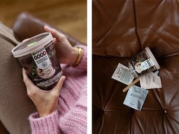 Frau hat Garnier GOOD auf dem Schoß, daneben die Bestandteile ausgepackt