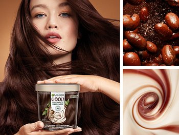 Collage aus einer Frau, die Garnier GOOD Coloration in den Händen hält und Inhaltsstoffen