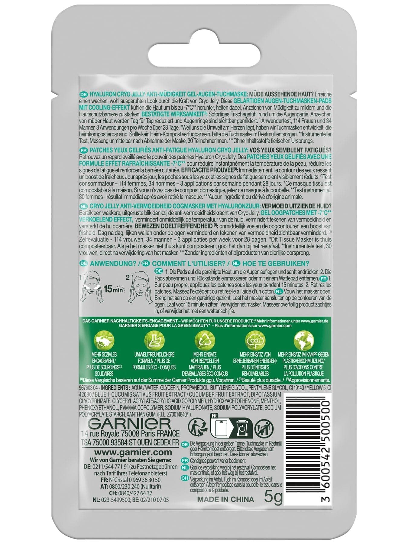 Garnier SkinActive Hyaluron Cyro Jelly Augenpads Verpackung hinten mit Inhaltsangaben