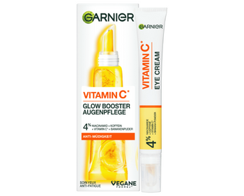 Verpackung der Garnier Vitamin C Glow Booster Anti-Müdigkeits Augencreme.