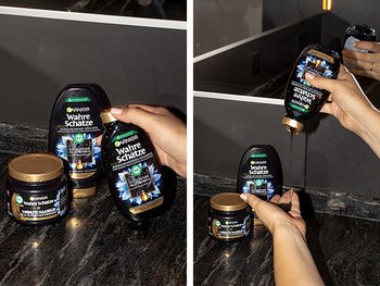 Eine Collage zeigt Wahre Schätze Haarpflege-Produkte mit Aktivkohle