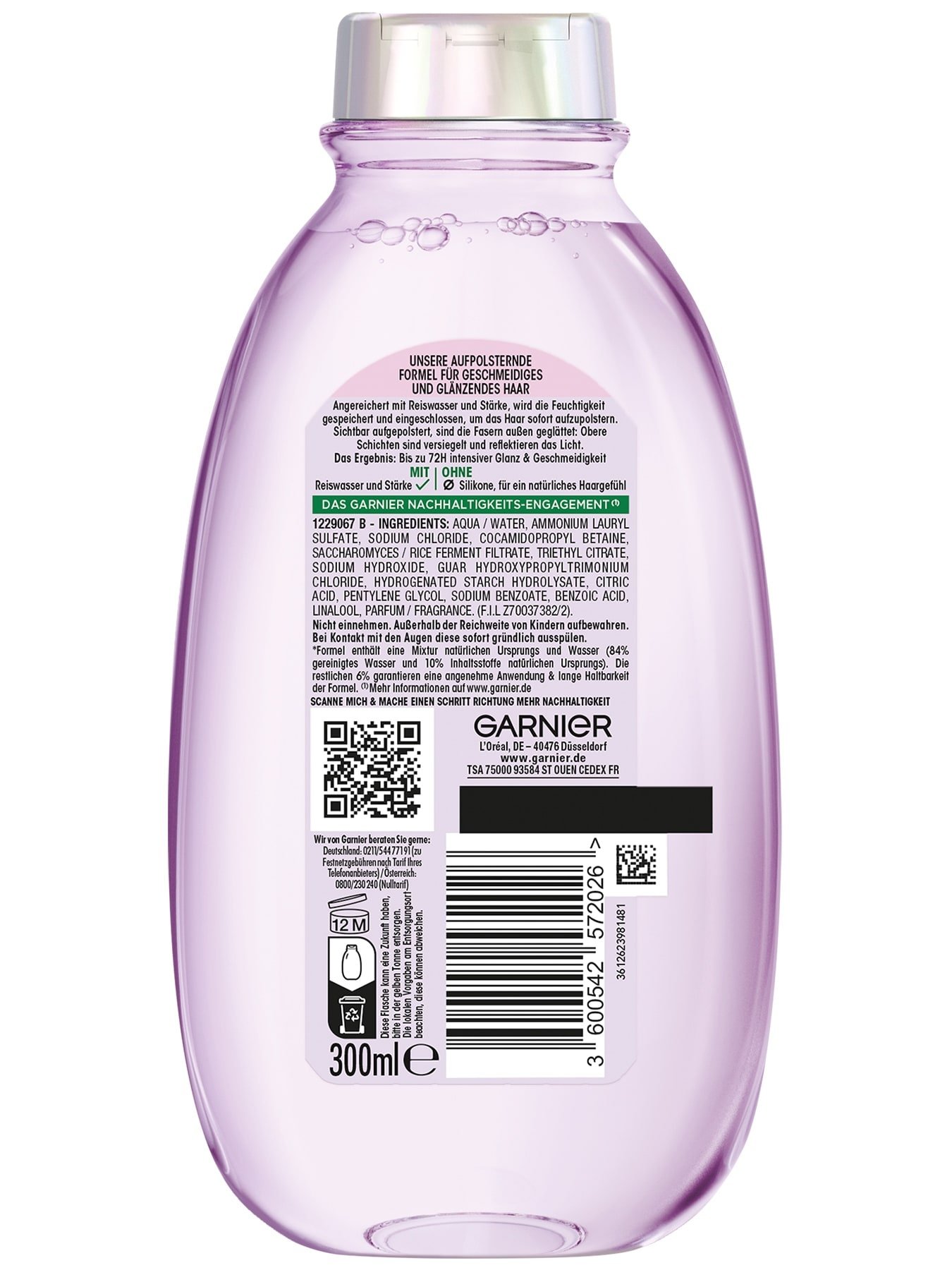 Garnier Wahre Schätze Reiswasser Ritual & Stärke, Glättendes Shampoo, 300 ml - Produkt Rückansicht