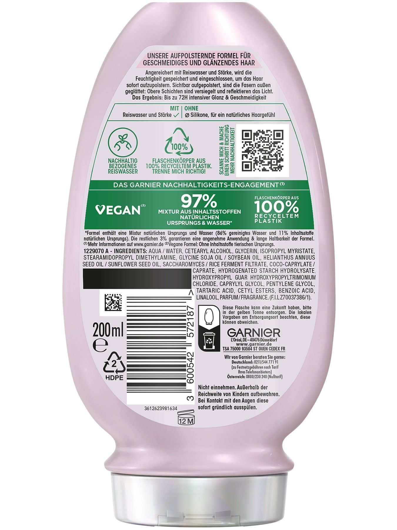 Garnier Wahre Schätze Reiswasser Ritual & Stärke Glättende Spülung, 200 ml - Produkt Rückansicht